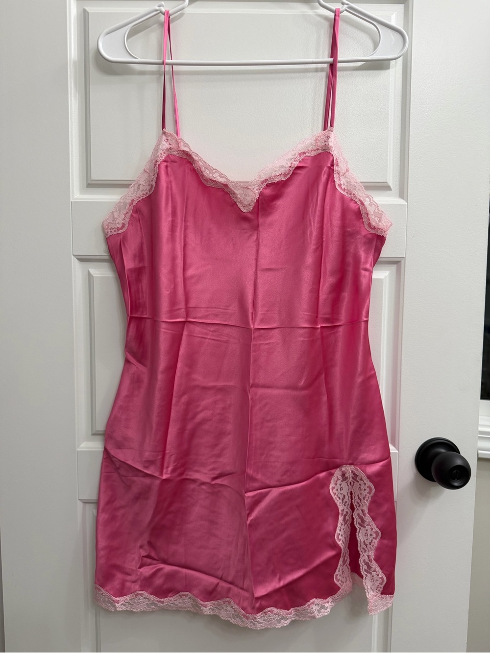 Vintage 2003 Victoria's Secret Pink Satin Lace Trim Slit Slip Dress M